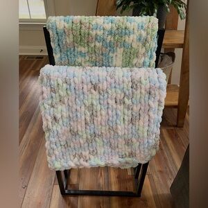 Chunky Knit Baby Blanket - Multicolor Frost Pastels: purple, blue, green, grey.